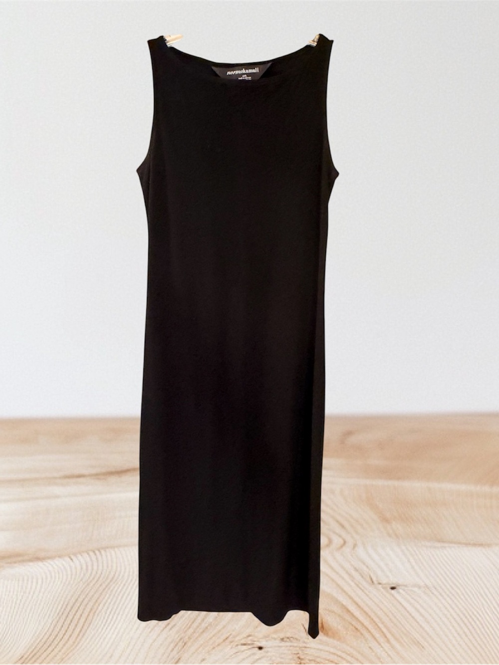 Norma Kamali Black Sleeveless Midi Sheath Dress, Stretch Knit, Size S - Picture 2 of 16